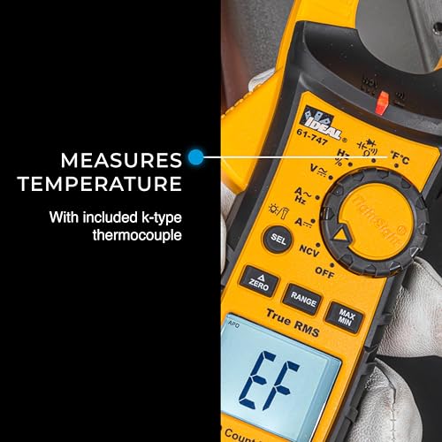 IDEAL Electrical 61-747 TightSight 400 Amp 600-Volt Digital Truerms AC/DC Clamp Meter, CAT III 600V, Dual Backlit Displays, Flashlight, NCV 40–600V, Temp, Continuity, Capacitance, Diodes, Probe Holder