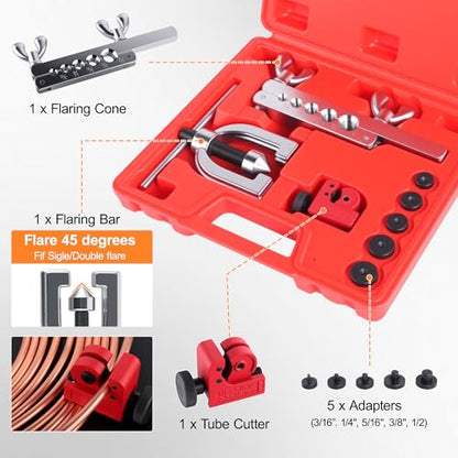 3/16" Brake Line Repair Kit, Double & Single Brake Line Flaring Tool Kit + 25ft 3/16 Inch Copper Coated Brake Line with 40 Pcs Fittings(4 Unions Included) + Brake Line Bender - color: Gold, size: 3/16"