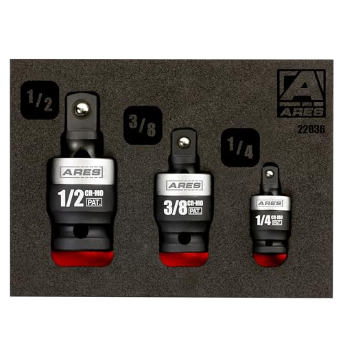 ARES 22036-3-Piece Slim Profile Impact Universal Joint Set - 1/4-Inch, 3/8-Inch and 1/2-Inch Drive Chrome Moly Steel Impact Grade U-Joint Sockets – Slim Body Profile for Superior Access - size: 1/4-Inch, 3/8-Inch, 1/2-Inch Slim Set