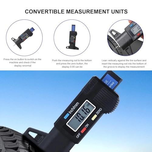 Digital Tire Tread Depth Gauge, 1 Inch/25.4 mm Metal Tread Depth Measurement with LCD Display, Accurate Zeroable Tire Depth Measuring Tool for Cars Trucks Vans SUVs (Blue) - color: Blue