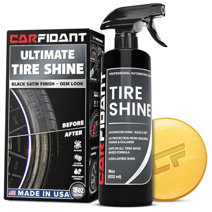 Carfidant Tire Shine Spray - Black Satin Finish - Premium Car Tire Dressing - 18 fl. Oz. Kit with Applicator Pad - Long Lasting - No Sling No Grease Formula with UV Protection - size: Tire Shine - 18 fl oz