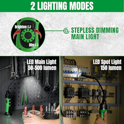 SK Ultra-Slim Flexible Work Light, Magnetic Work Light Rechargeable, 500 LM COB LED Light & 150 LM Spot Light with Hook, 360 ° Rotation, 2600 mAh Battery, Stepless Dimming, for Inspection, Auto Repair