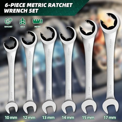 PRIDE&CRAFT 6-Piece Ratcheting Flare Nut Wrench Set, Metric Tubing Wrench Set, 10-17mm, CR-V Steel, Open-head Brake Line Wrench Set with Organizer Pouch - size: 6PC Metric Ratcheting