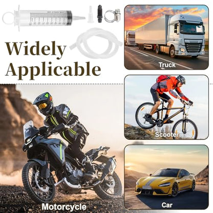 Motorcycle Brake Bleeder Kit, 100ml Pump Hydraulic Disc Bleeding Tool | 50cm hose & fittings. Compatible with motorcycles, cars & scooters. Reverse brake fluid flush. Easy one-person use.