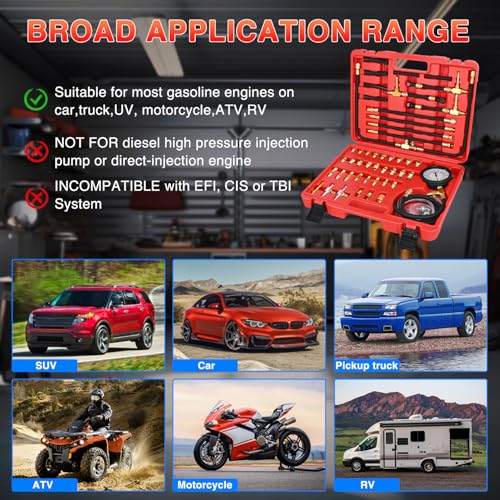 GOOACC Fuel Injection Pressure Tester Kit - 0-140PSI Fuel Pressure Gauge with 6.30 7.89 9.49 Fuel Line Fittings, Gasoline Engine Diagnostic Tool for Car Truck SUV ATV