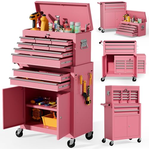 10-Drawer Rolling Tool Chest with Wheels, Rolling Tool Chest Heavy Duty, 2 in 1 Lockable Tool Box with Drawers, High-Capacity Mechanic Tool Organizer, Adjustable Shelf & Detachable Top Cabinet - color: Pink