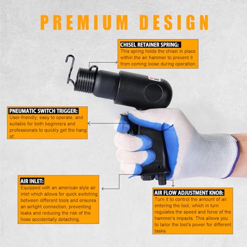 150mm Air Hammer Kit with 4 Chisels & Quick Change Retainer, 4500 BPM Pneumatic Hammer Shovel Tool, Air Shovel Tool for Automotive, Metal, and Masonry Work