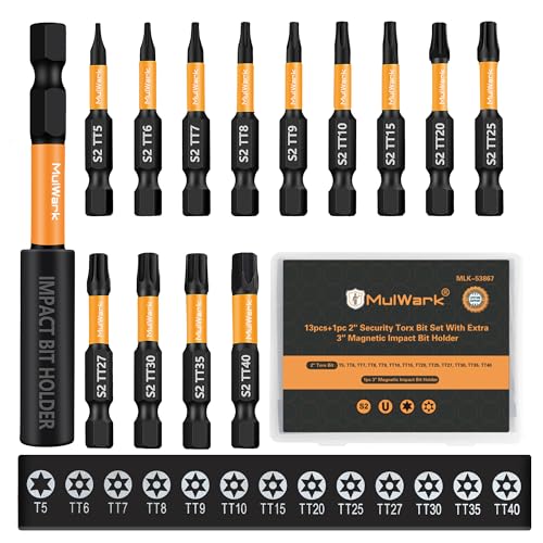 Mulwark 2" Torx Bits Set, 14 Pieces (T5–T40) – Premium S2 Steel Security Torx Socket Bits with Magnetic Holder, Ideal for Christmas Gifting - style: 2" Torx Bits 14 PCs