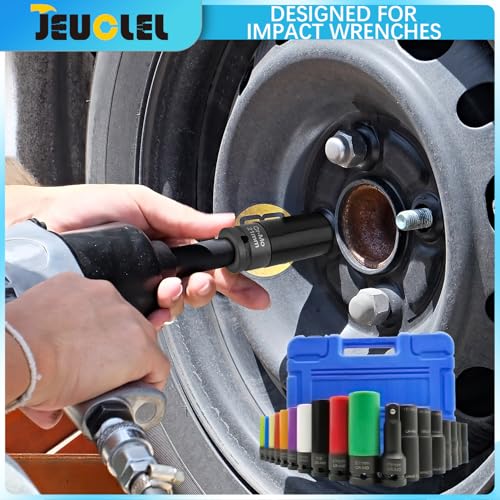 18PCS 1/2" Drive Lug Nut Socket Set, Thin Wall Lug Nut Sockets with Colored Protective Covers, 6 Point & 12 Point Twist Double Ended Twist Socket Set, Flower Head, Impact Extension Bar