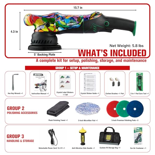 BATOCA P1 Buffer Polisher Kit, 1000W High-Torque Car Buffer - 5-Inch 15mm Long-Throw 6-Speed Dual Action Polisher - Deluxe Set with Custom Bag, 16.4ft Detachable Cord, Anti-Vibration, Pad Care Tools - size: Pro Kit