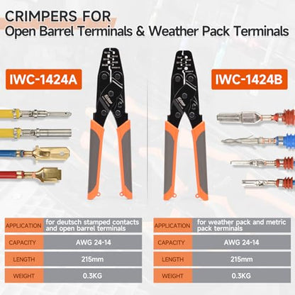 iCrimp DC01 12 PCS Deutsch Weather Pack Crimper Kit DT DTM DTP | Compatible with size 12, 16, 20 solid Deutsch contacts and 24-14 AWG wire, with closed & open barrel crimpers & pin removers