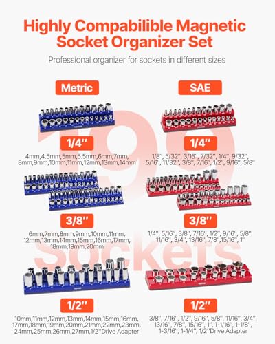 VEVOR Magnetic Socket Organizer Set, 8PCS Socket Holder, 1/4'', 3/8'' & 1/2'' Metric SAE Socket Trays with Clear Labels, Hold up to 199PCS Standard & Deep Sockets, Blaue & Red (Sockets Not Included) - style: 8pcs Metric & SAE