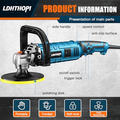 LDHTHOPI Buffer Polisher, 1600W 7 Inch/6 Inch Rotary Buffer Polisher Waxer, 7 Variable Speed 1000-3500 RPM, Detachable Handle for Car, Boat Sanding, Polishing, Waxing, 2026 Upgraded - size: 1600W Rotary Buffer Polisher
