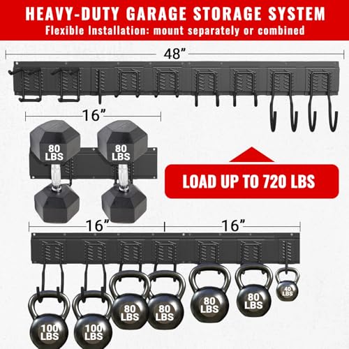 Garage Tool Organizer Wall Mount, Easy to 48inch Install Heavy-Duty Garage Storage System with 9 Adjustable Hooks, Garden Tool Rack for Shovels, Rakes, Yard Tools - size: 48" System - 9 Piece Set