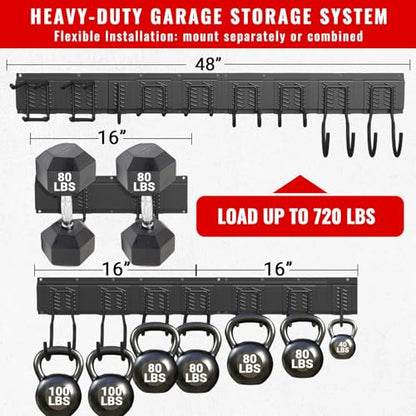 Garage Tool Organizer Wall Mount, Easy to 48inch Install Heavy-Duty Garage Storage System with 9 Adjustable Hooks, Garden Tool Rack for Shovels, Rakes, Yard Tools - size: 48" System - 9 Piece Set