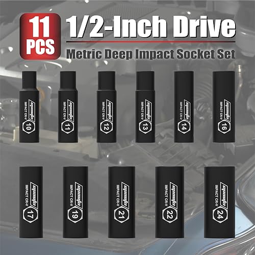 EPAuto 1/2-Inch Drive Metric Deep Impact Socket Set, 6 Points, 11 Sockets | 1/2-Inch Cr-V, 6 Points, 11 Sockets