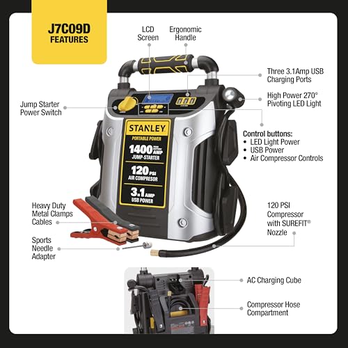 Stanley J7C09D 1400 Peak Amp Automotive Jump Starter, Portable Power – Triple 15W USB Ports, 120 PSI Air Compressor for Tires & Sports Equipment - size: 1400 Amps