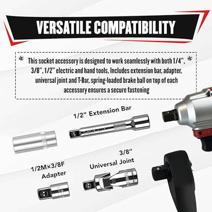YIYITOOLS 25Pcs Drive Tool Accessory Kit, 1/4" 3/8" 1/2" Socket Accessories, Extension Bar, Adapter, Universal Joint & T-Bar, Professional CR-V Steel Construction - size: 25Pcs (Tool Accessory)
