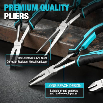 DURATECH 4PCS Long Reach Pliers Set with Pouch - Needle Nose, Diagonal, Linesman and Flat Nose, Mini Extra Long Pliers Set for Jewelry Making, Wire Bending and Object Gripping on Narrow Space - style: 4PCS