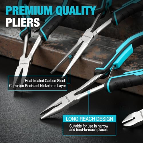 DURATECH 4PCS Long Reach Pliers Set with Pouch, Mini Extra Long Pliers Set | Needle Nose, Diagonal, Linesman and Flat Nose Pliers, For Jewelry Making, Wire Bending, Object Gripping, Narrow Space - style: 4PCS