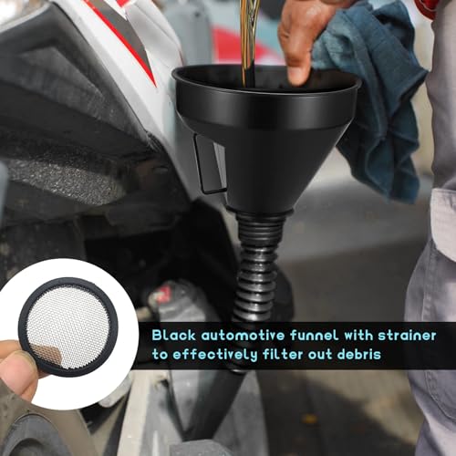 3PCS Automotive Funnels Set, Wide Mouth Fuel Funnels with Detachable Spout and Filter, Plastic Long Neck Oil Funnel Flexible Right Angle Funnel for Gasoline Coolant Water