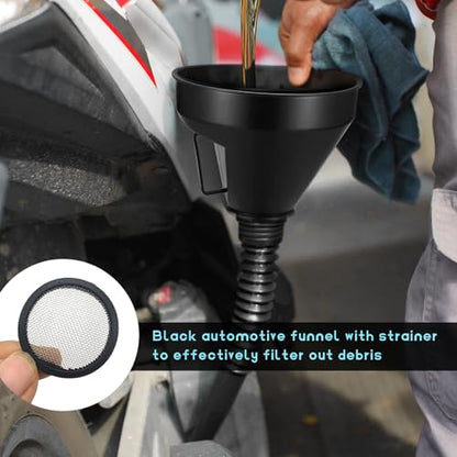 3PCS Automotive Funnels Set, Wide Mouth Fuel Funnels with Detachable Spout and Filter, Plastic Long Neck Oil Funnel Flexible Right Angle Funnel for Gasoline Coolant Water