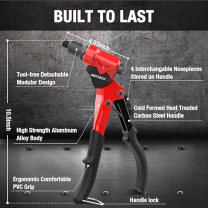 NEXTACK Heavy Duty Pop Rivet Gun Kit (NT200) – 360° Swivel Head for Tight Spaces, 4 HSS Drill Bits + 200 Assorted Rivets + 4 Nosepieces | Rugged Organized Case - size: Swivel Head Rivet Gun w/ 200 rivets