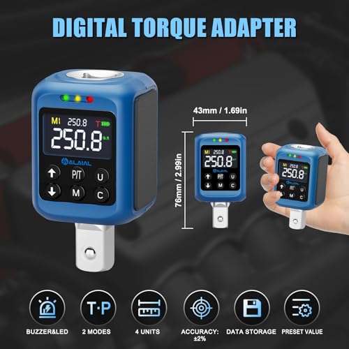 Digital Torque Adapter 1/2" Drive, 3.7-250.8 Ft-lb/5-340 Nm | Digital Torque Wrench Converter, ±2% Accuracy, Buzzer&LED Indicator, 2 Modes, 4 Units, 10 Presets, 2 Adapters for Car, Moto - size: 3.7-250.8Ft-lb/5-340Nm