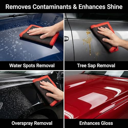 Upgrade Fine Grade Clay Bar Towel Car Decontamination Towel, Red and Black, 12" x 12"