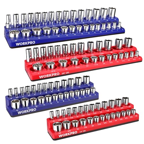 WORKPRO Magnetic Socket Organizer Set, 4-Piece Socket Holder Set Includes 1/4", 3/8" Drive Metric & SAE Socket Trays, Holds 108 Pieces Standard and Deep Size Sockets (Sockets not Included) | 1/4", 3/8", Drive Socket Trays, Holds 108-Piece Sockets, Suitabl