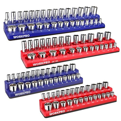 WORKPRO Magnetic Socket Organizer Set, 4-Piece Socket Holder Set Includes 1/4", 3/8" Drive Metric & SAE Socket Trays, Holds 108 Pieces Standard and Deep Size Sockets (Sockets not Included) | 1/4", 3/8", Drive Socket Trays, Holds 108-Piece Sockets, Suitabl