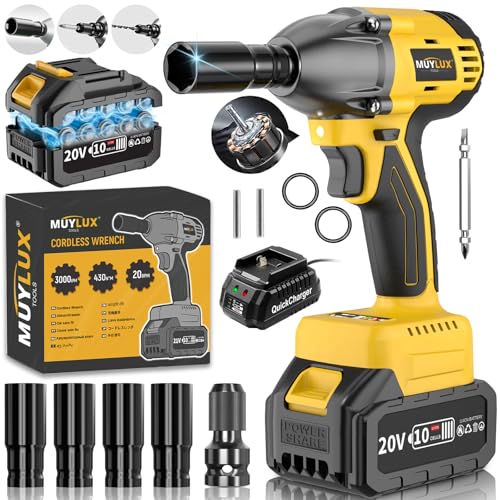 4.0Ah Battery Cordless Impact Wrench, Brushless 1/2 Impact Gun, 320Ft-lbs(430N.m) 20V High Torque Power Impact Driver, Electric Impact for Car Home