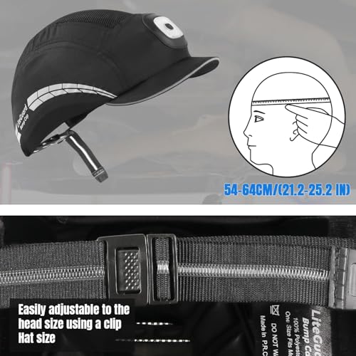 UM ULTRAMAXX Lightweight Bump Cap with Reflective Stripes, Breathable Baseball Cap Style, Head Protection Hard Hat for Men Women - color: Black with Led Light