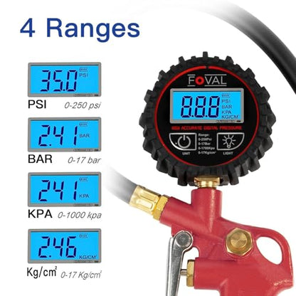 FOVAL Digital Tire Inflator with Pressure Gauge 250 PSI Air Chuck Compressor Accessories with Rubber Hose and Quick Connect Coupler for 0.1 Display Resolution (1)