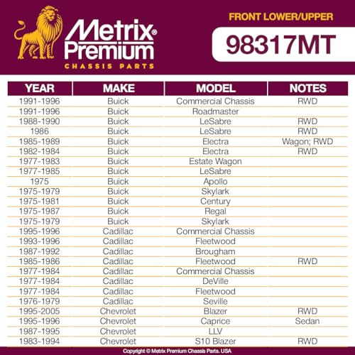 Metrix Premium Chassis Parts - 4 PC Front Lower & Upper Ball Joint Kit Fits 91-96 Buick Roadmaster, 73-87 Chevrolet El Camino, 78-87 GMC Caballero, 70-81 Pontiac Firebird, K5208 K6145T, Made in Europe