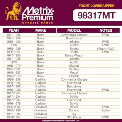 Metrix Premium Chassis Parts - 4 PC Front Lower & Upper Ball Joint Kit Fits 91-96 Buick Roadmaster, 73-87 Chevrolet El Camino, 78-87 GMC Caballero, 70-81 Pontiac Firebird, K5208 K6145T, Made in Europe