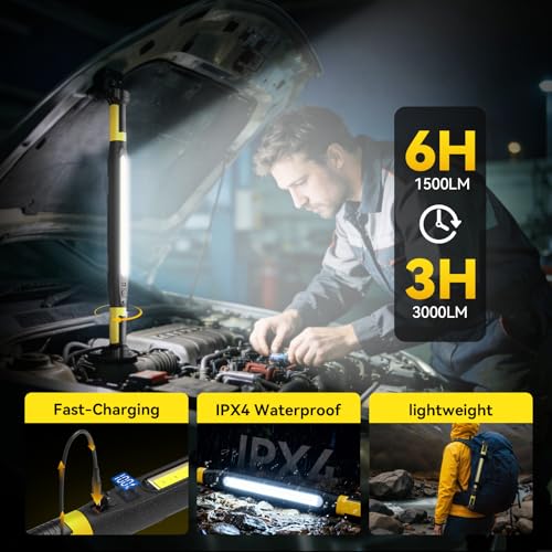AlpsWolf Magnetic Rechargeable Work Light - 3000LM LED Light Bar, 5200mAh Underhood Light with 360°Rotatable Hook and Clip, 3 Brightness Modes for Car Repair, Workshop, Emergency (1PC)