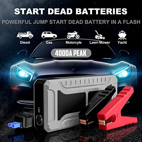 Car Jump Starter, 4000A Peak Battery Jump Starter (for All Gas or Up to 10L Diesel), Portable Battery Booster Power Pack, 12V Auto Jump Box with LED Light,Power Bank, USB Quick Charge - color: Black