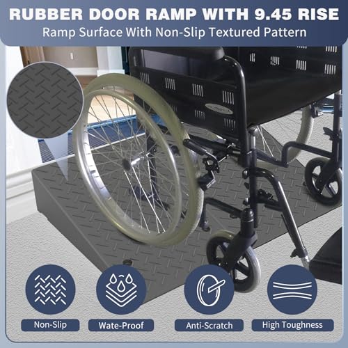 Rubber Threshold Ramp 9.45Inch Rise, Wheelchair Rubber Door Ramp with Non-Slip Surface, Home Step Ramp with Channel for Wheelchairs/Cars/Scooters (2PCS, 2200LBs Loading) - size: 9.45IN-2PCS