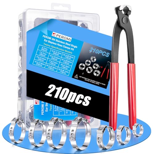 Single Ear Hose Clamp Kit, 210 Pcs, 12 Sizes 6-36.1mm (1/4"-1.4") | 304 Stainless Steel, With Pincer Tool, Fuel Line Clamps, For Automotive, Pneumatic, Garden Hose, Kegerator, PEX, Dishwasher - size: 12 Sizes (6-36.1 mm) with Pincer