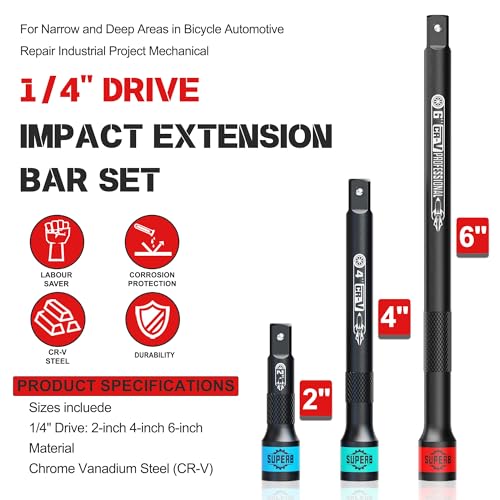 3 Pcs 1/4" Drive Impact Extension Bar Set, 2" 4" 6" Length Socket Extension, CR-V Steel, Narrow and Deep Areas in Bicycle, Automotive Repair or Industrial Operations - size: 1/4" 2-Inch 4-Inch 6-Inch