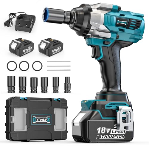 DIYtoolifz Cordless Impact Wrench 1/2" Compatible with Makita 18V Battery, 1000Ft-lbs (1360N.m) Brushless High Torque Impact Gun, Impact Driver for Car Truck Mower, with 2x5.0AH Battery & 6 Sockets - color: 1000ft-lbs Wrench With Battery Socket Set
