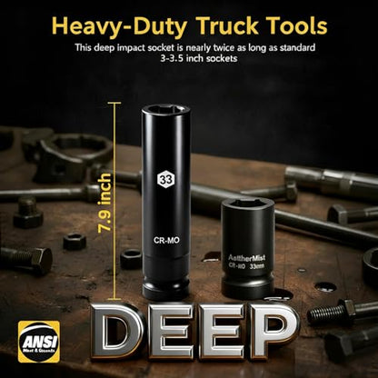1 Inch Driver 33mm Extra Deep Impact Socket, 7.9 inch Length Deep Axle Nut Socket,6 Point Cr-Mo Deep Truck Wheel Nut Socket,Radius Corner Design, Chamfered Opening - size: 33
