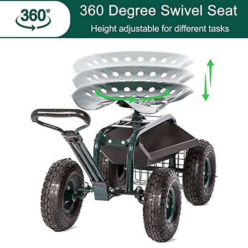 Kinfant Rolling Garden Cart Scooter Stool - Garden Cart with Wheels & Seat Rolling Stool Gardening Cart, Adjustable Handle 360 Degree Swivel (Green) - color: Dark Green