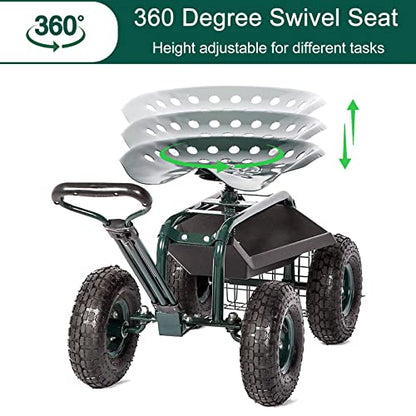 Kinfant Rolling Garden Cart Scooter Stool - Garden Cart with Wheels & Seat Rolling Stool Gardening Cart, Adjustable Handle 360 Degree Swivel (Green) - color: Dark Green
