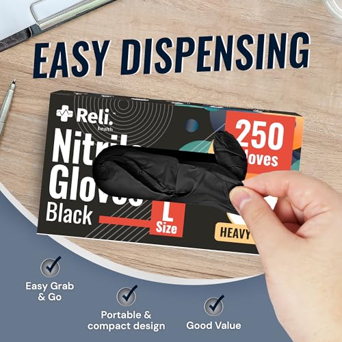 Reli. Black Nitrile Gloves, Large (250 Pack) | Heavy Duty Disposable Gloves | Powder Free, Latex Free, Food Safe | Single-Use | Premium Nitrile Rubber Material for Mechanic, Cleaning, Cooking