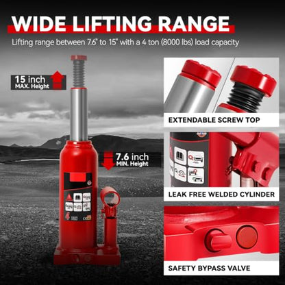 Auto Dynasty 4 Ton Hydraulic Bottle Jack, Automotive Welded Bottle Jack for Car, Pickup Truck, RV, Auto Repair, 8" to 15" Lifting Range (Red) - color: Red, size: 4 Ton