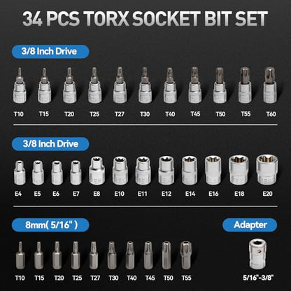 34-Piece 3/8'' Drive Torx Star Bit sockets CR-V E-Socket Set, E4-20, T10-60, Tamper Proof Set TT10-TT55, 5/16"F to 3/8"M adapter with Storage Case,S2 Steel, Ideal for Car,Trucks,Home Improvement | CR-V E-Socket Set, E4-20, T10-60, Tamper Proof Set TT10-TT