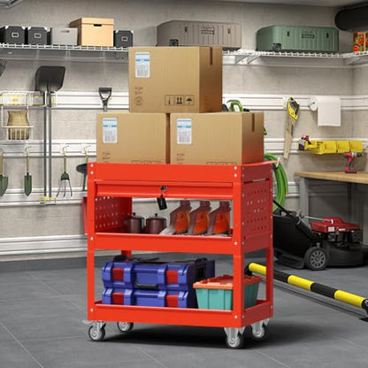 3 Tier Rolling Cart, Heavy Duty Utility Industrial Service Carts on Wheels, Metal Tool Cart with Locked Drawers, Ideal for Garage, Warehouse and Repair Shop (Red) - color: Red