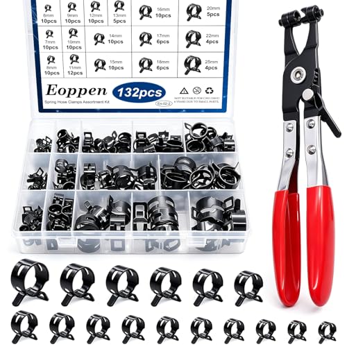 132Pcs 6-25mm Spring Hose Clamps Assortment Kit with Swivel Flat Band Fuel Hose Clamp Plier - 16 Sizes Fuel Line Silicone Vacuum Hose Low Pressure Air Clamps - color: 132pcs - 16 Sizes + Plier (Black)